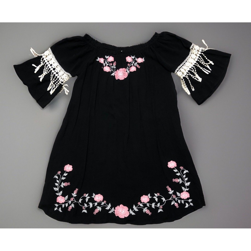 Umgee Dress M Black Off Shoulder Crochet Floral Embroidery Peasant Boho Festival